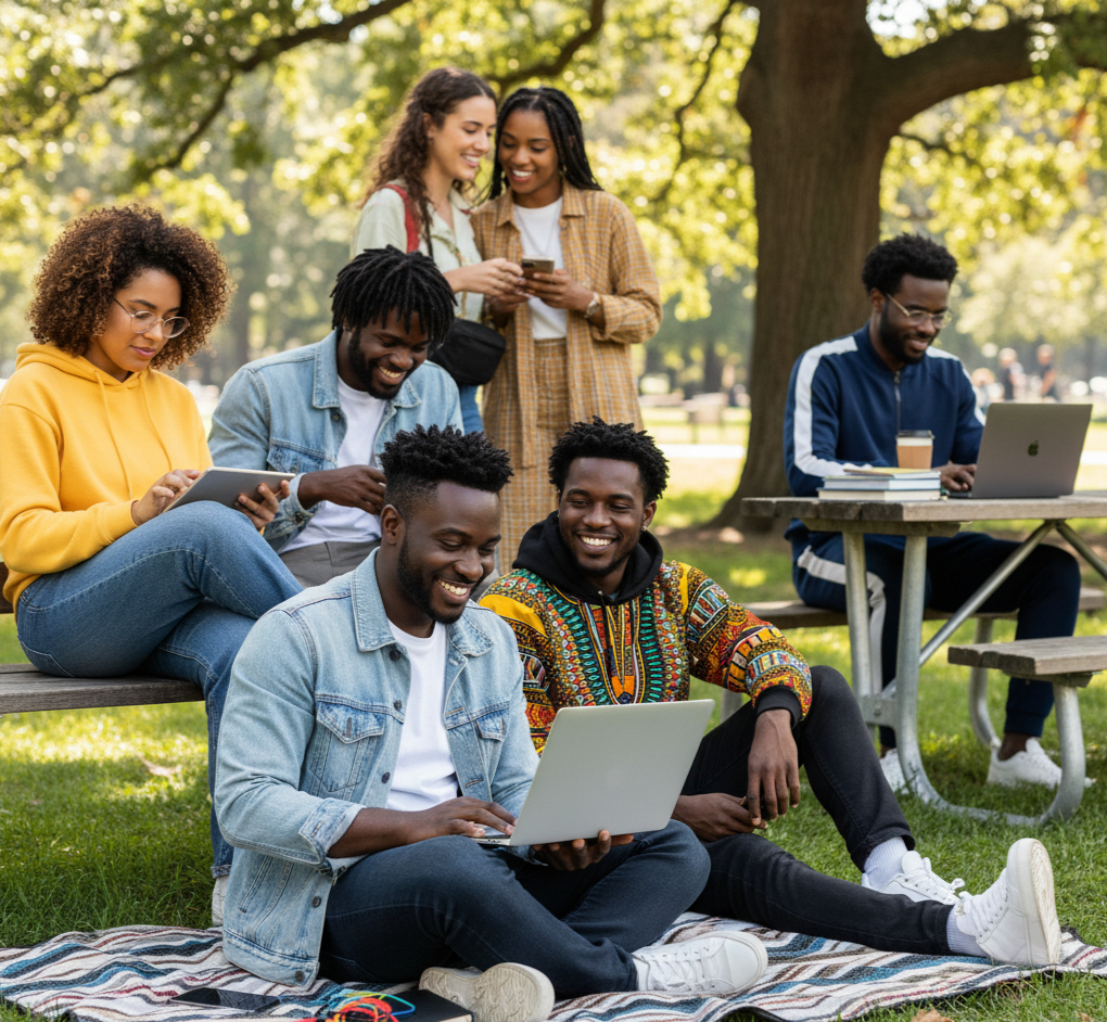 Illustration of diverse people in a community swapping items like books, gadgets, and clothes in a vibrant, modern style